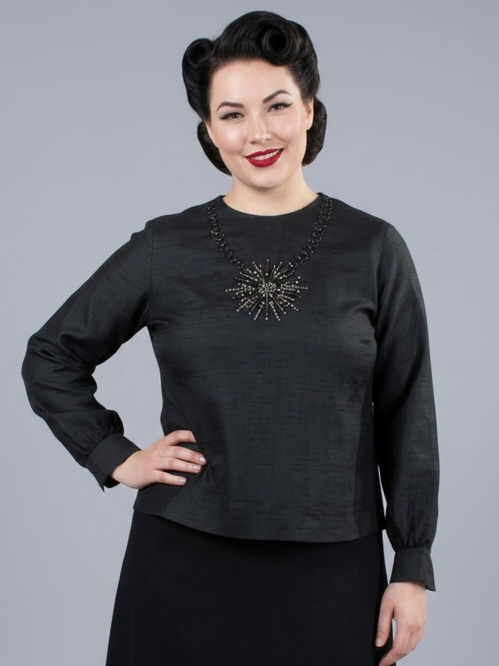 XL Vintage 50s ADELAAR SILK Rhinestone Blouse Top